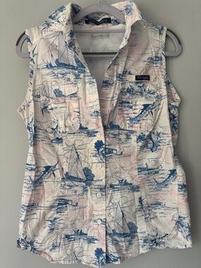 Columbia Sleeveless Sailboat Print Button-Down Top - White/Blue/Pink